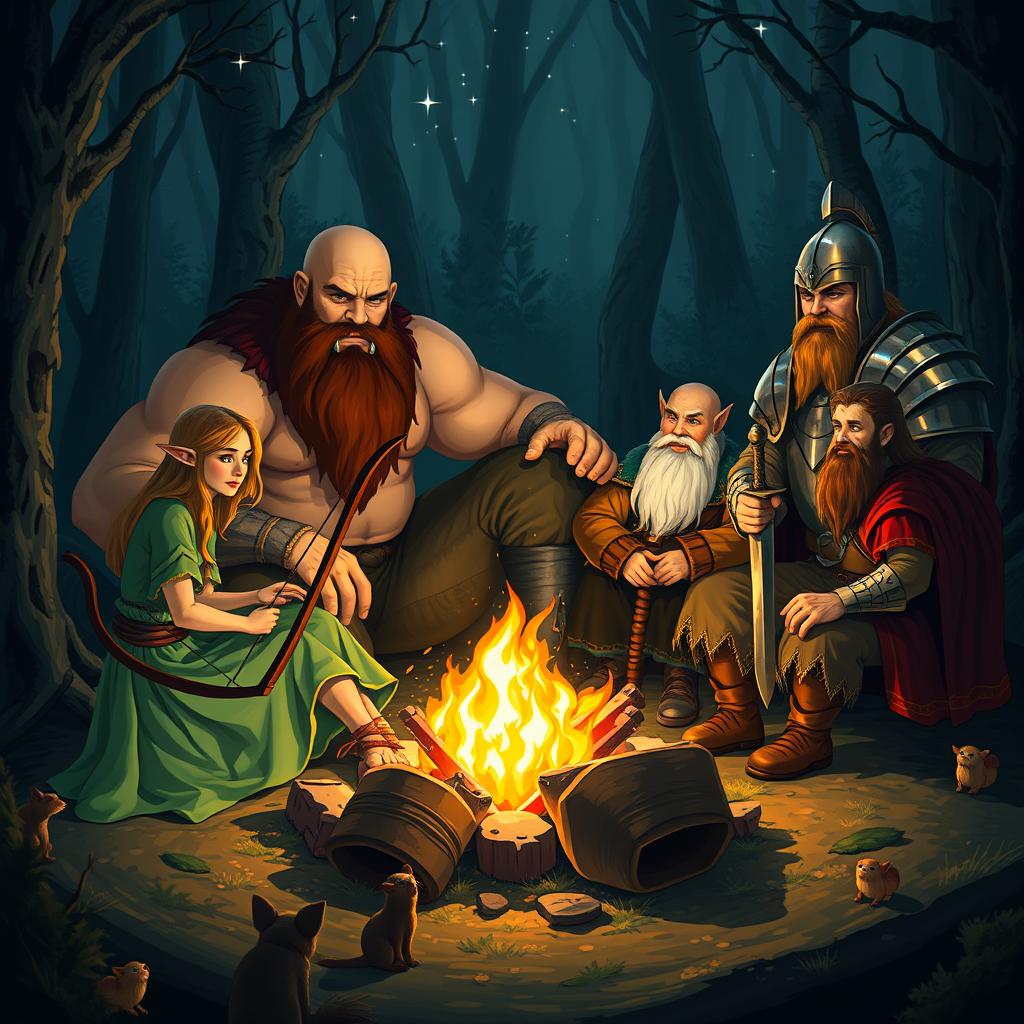 Around a campfire, an elf with a bow is sitting next to an elven woman wearing a flowing green dress