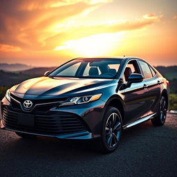 A Toyota Camry sedan featuring high ground clearance parked in a scenic outdoor setting