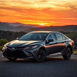 A Toyota Camry sedan featuring high ground clearance parked in a scenic outdoor setting