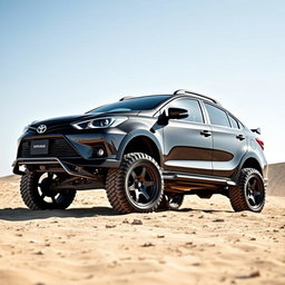 A modified Toyota Vios sedan featuring high ground clearance, showcasing its sporty and rugged design