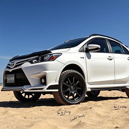 A modified Toyota Vios sedan featuring high ground clearance, showcasing its sporty and rugged design