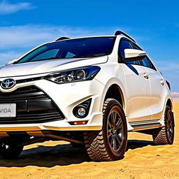 A modified Toyota Vios sedan featuring high ground clearance, showcasing its sporty and rugged design