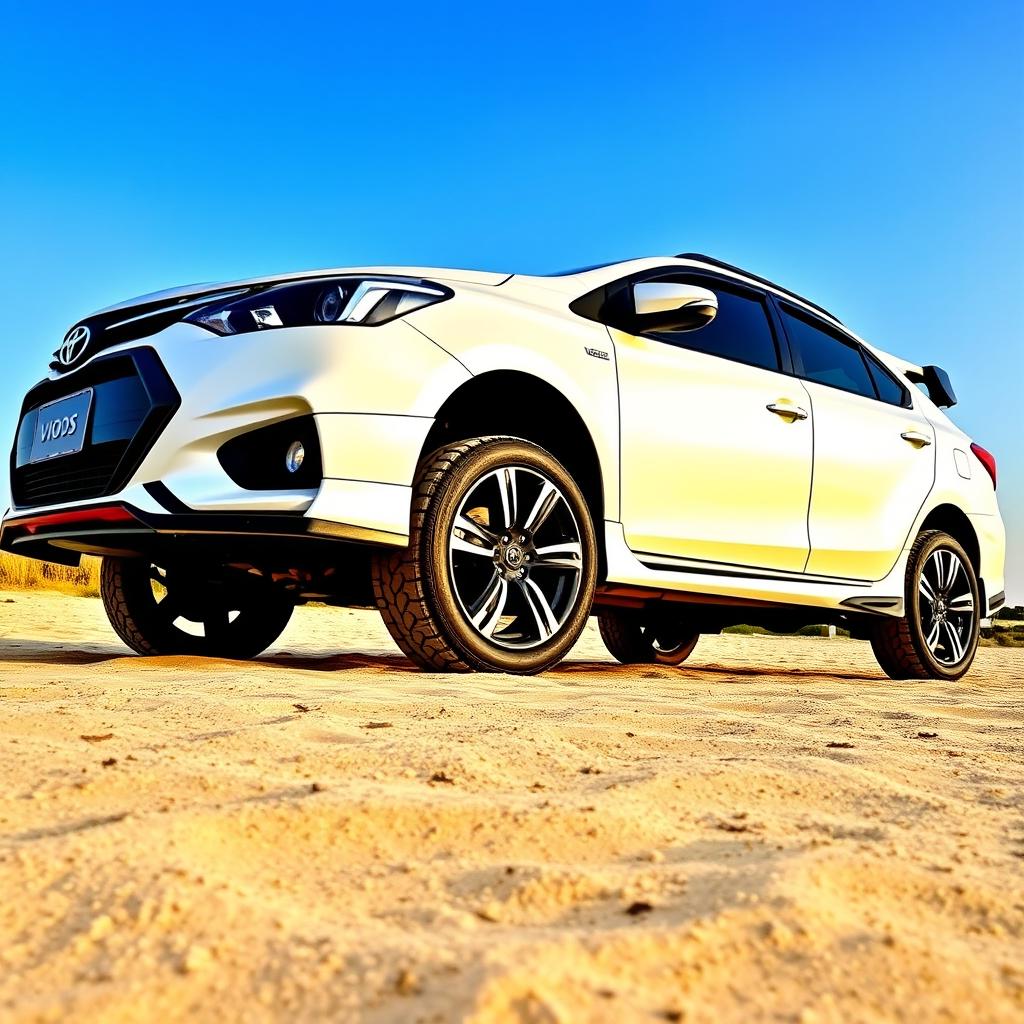 A modified Toyota Vios sedan featuring high ground clearance, showcasing its sporty and rugged design