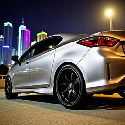 A modified Toyota Vios sedan with high ground clearance, showcasing custom 17-inch tires that enhance its sporty look