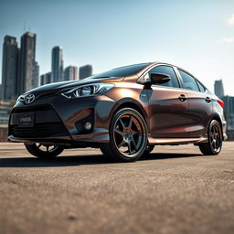 A modified Toyota Vios sedan with high ground clearance, showcasing custom 17-inch tires that enhance its sporty look
