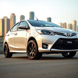 A modified Toyota Vios sedan with high ground clearance, showcasing custom 17-inch tires that enhance its sporty look
