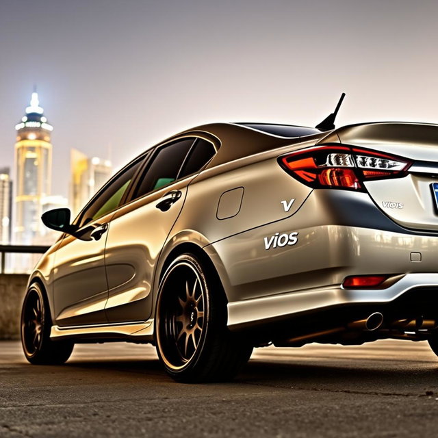 A modified Toyota Vios sedan with high ground clearance, showcasing custom 17-inch tires that enhance its sporty look