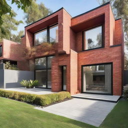 A modern, square-shaped home with four bedrooms and three bathrooms, constructed with red interlocking bricks. It features an open floor plan with high ceilings and a stylish loft area.