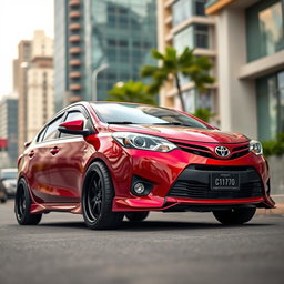 A modified Toyota Vios sedan in a striking red burgundy color, featuring high ground clearance