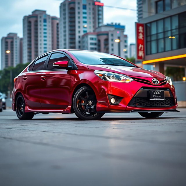 A modified Toyota Vios sedan in a striking red burgundy color, featuring high ground clearance
