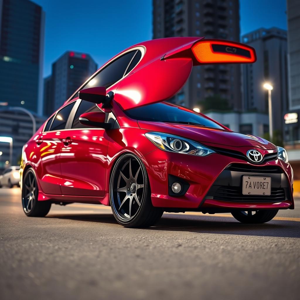 A modified Toyota Vios sedan in a striking red burgundy color, featuring high ground clearance