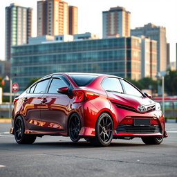 A modified Toyota Vios sedan in a striking red burgundy color, featuring high ground clearance