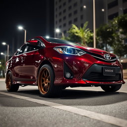 A modified Toyota Vios sedan in a rich burgundy color, featuring high ground clearance