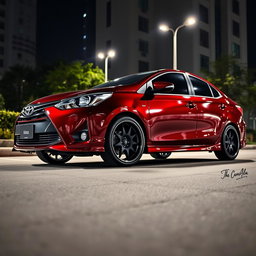 A modified Toyota Vios sedan in a rich burgundy color, featuring high ground clearance