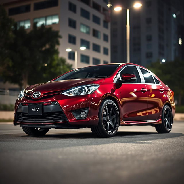 A modified Toyota Vios sedan in a rich burgundy color, featuring high ground clearance