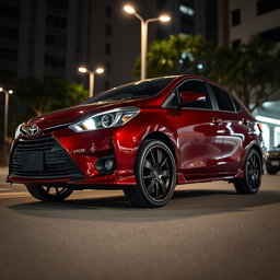 A modified Toyota Vios sedan in a rich burgundy color, featuring high ground clearance