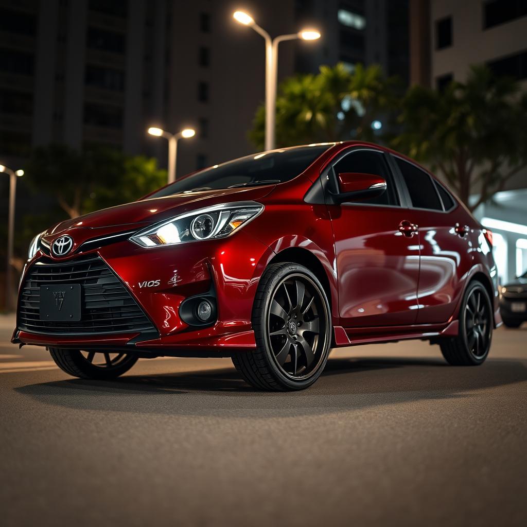 A modified Toyota Vios sedan in a rich burgundy color, featuring high ground clearance