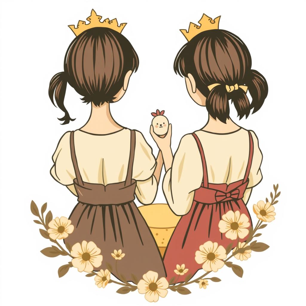 A whimsical logo featuring girls portrayed as village princesses viewed from the back, their faces hidden
