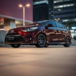 A modified second-generation Toyota Vios sedan in a deep burgundy color, featuring high ground clearance