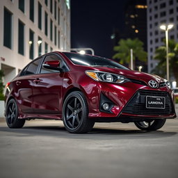 A modified second-generation Toyota Vios sedan in a deep burgundy color, featuring high ground clearance