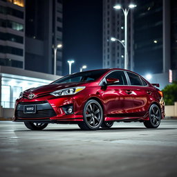 A modified second-generation Toyota Vios sedan in a deep burgundy color, featuring high ground clearance
