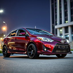 A modified second-generation Toyota Vios sedan in a deep burgundy color, featuring high ground clearance