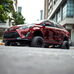 A dramatically modified second-generation Toyota Vios, elevated to resemble the height of an SUV