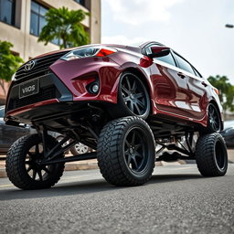 A dramatically modified second-generation Toyota Vios, elevated to resemble the height of an SUV