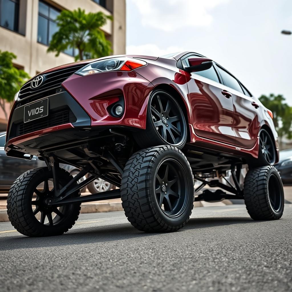A dramatically modified second-generation Toyota Vios, elevated to resemble the height of an SUV