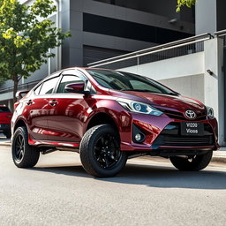 A dramatically modified second-generation Toyota Vios, elevated to resemble the height of an SUV