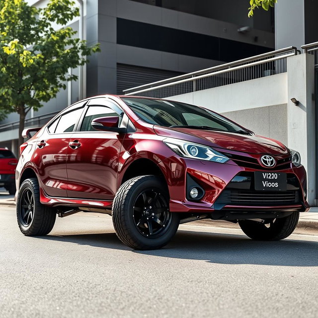 A dramatically modified second-generation Toyota Vios, elevated to resemble the height of an SUV