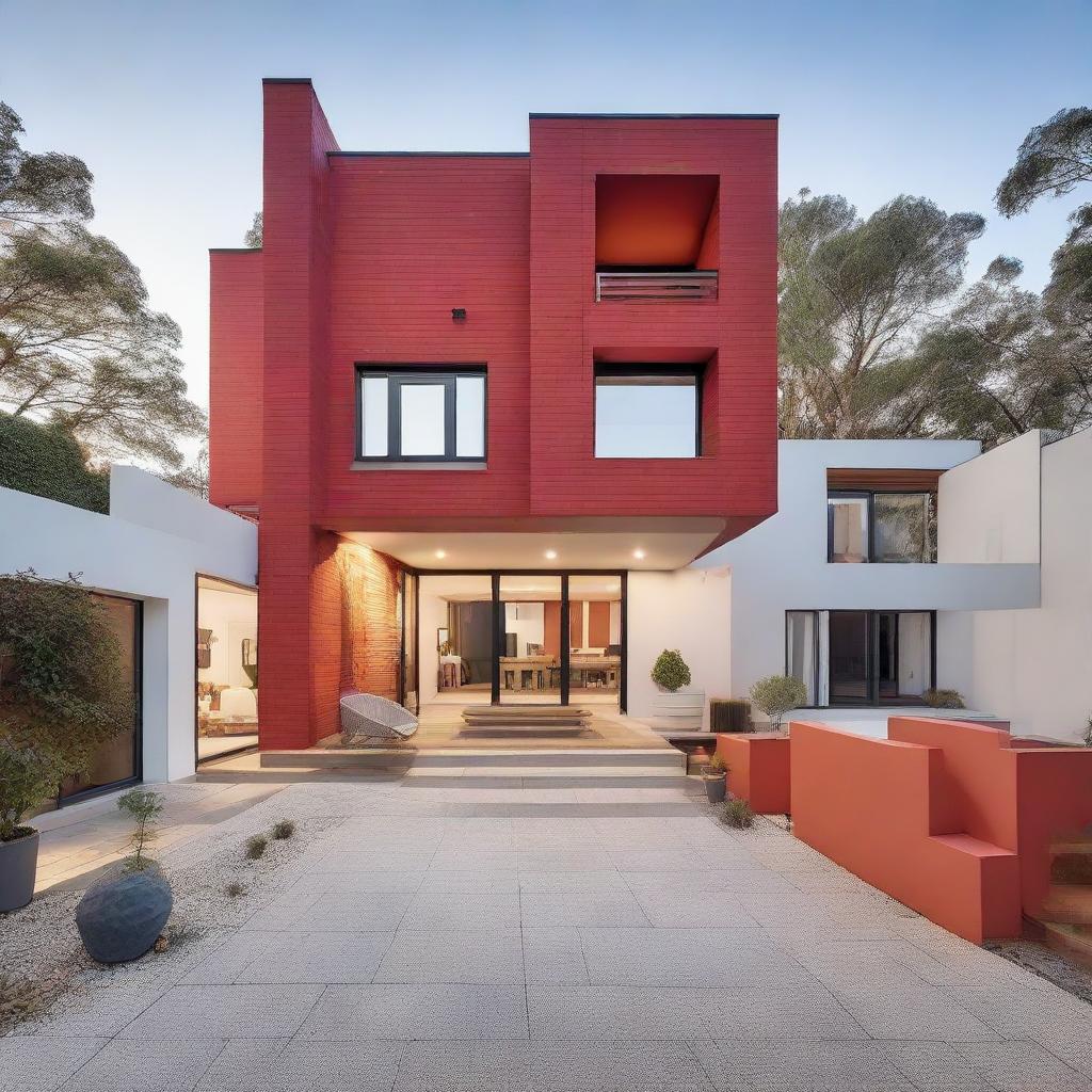 A modern, square-shaped home with four bedrooms and three bathrooms, constructed with red interlocking bricks. It features an open floor plan with high ceilings and a stylish loft area.