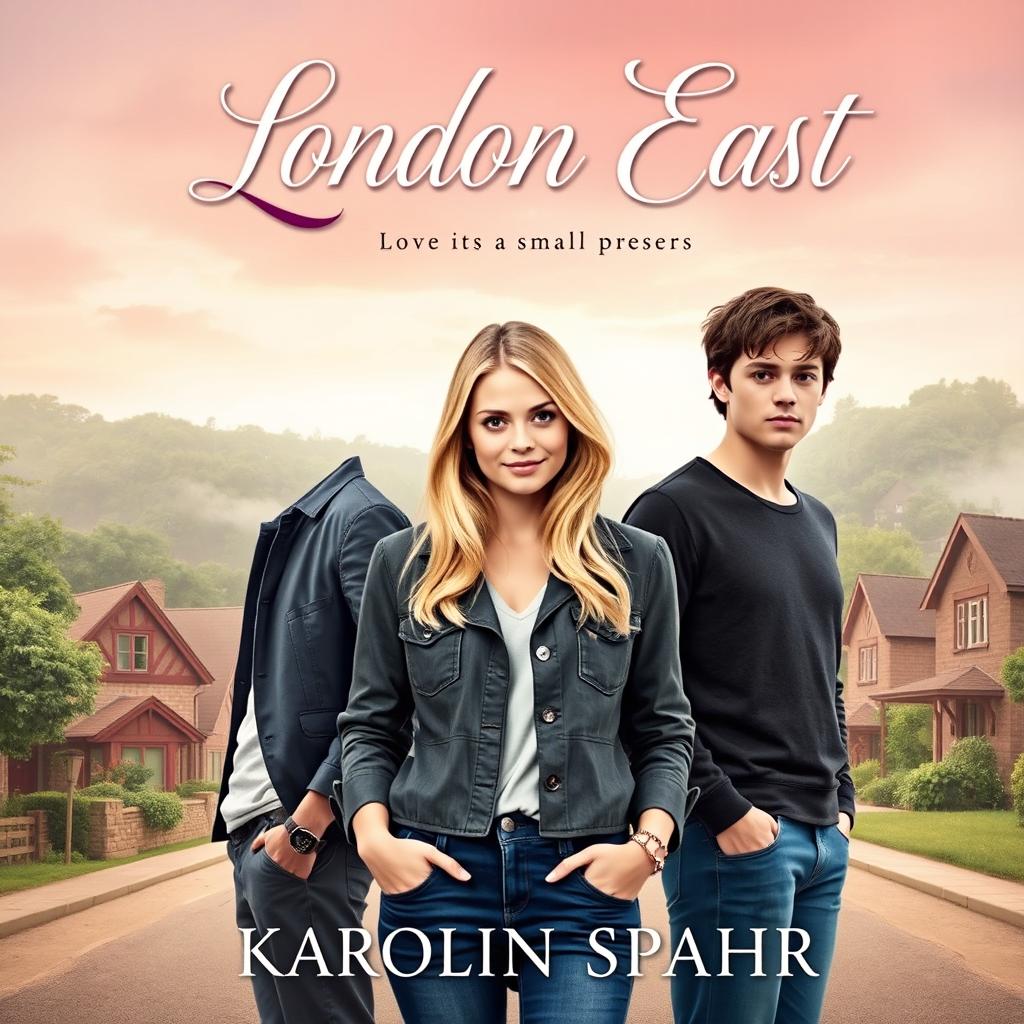 A romantic book cover for 'London East' by Karolin Spahr, set in a picturesque small town