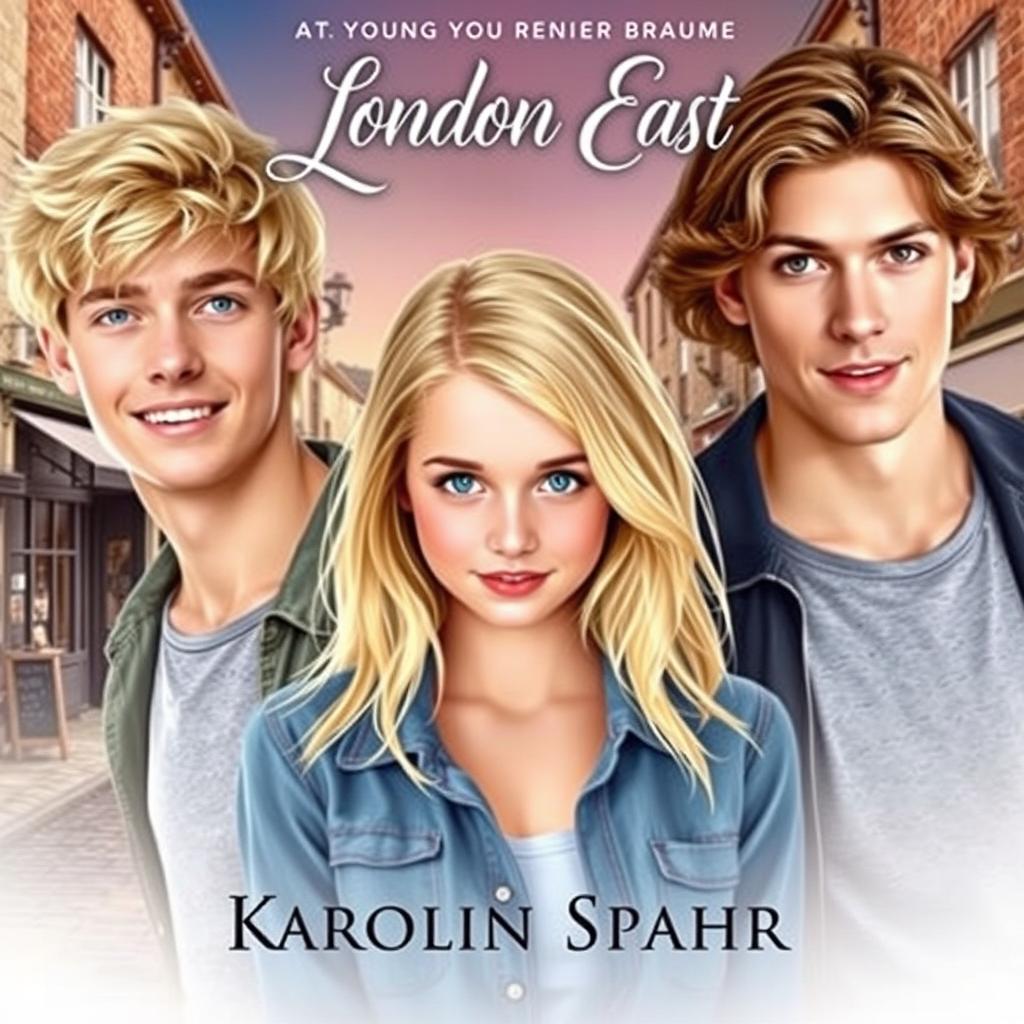 A romantic book cover for 'London East' by Karolin Spahr, set in a quaint small town, featuring a love triangle