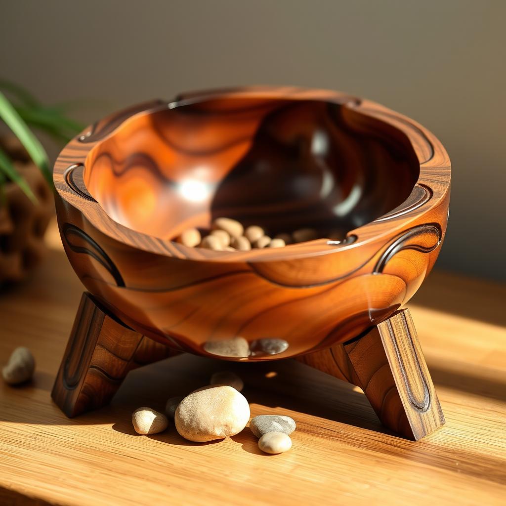 A unique and stylish wooden cat food bowl, elegantly designed with intricate carvings and a glossy finish