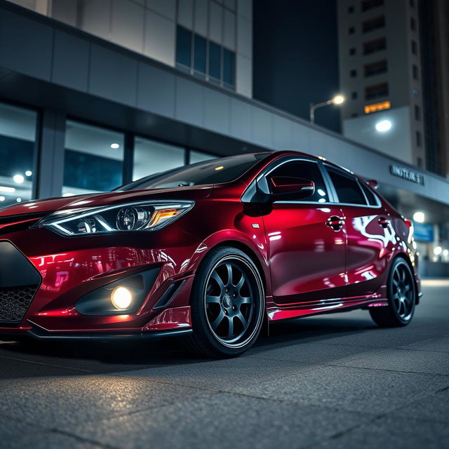 A modified second-generation Toyota Vios featuring a high ground clearance of 195mm for an elevated and sporty look