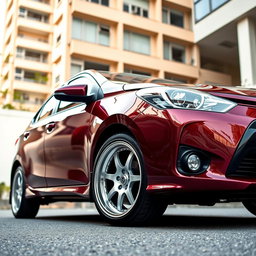 A modified second-generation Toyota Vios with an impressive 205mm ground clearance, giving it a sporty and elevated look