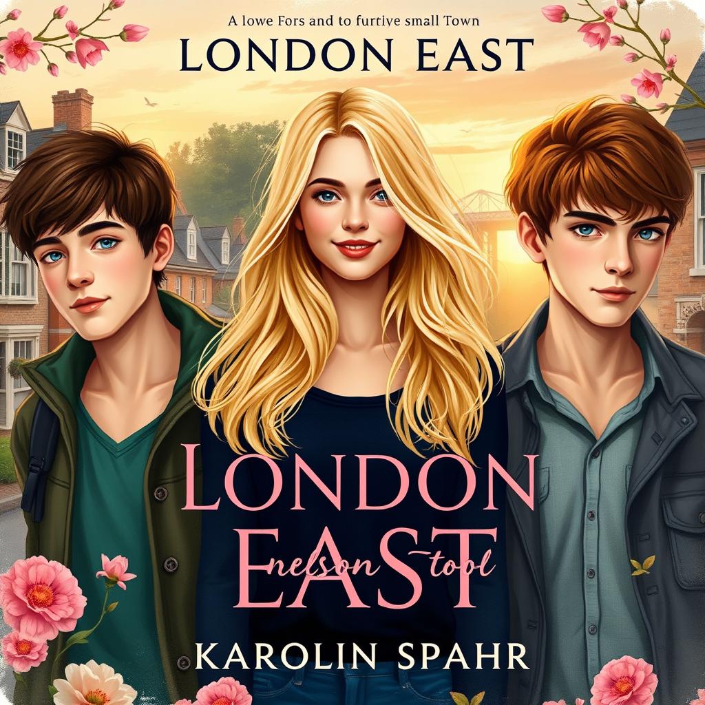A romantic book cover for 'London East' by Karolin Spahr, set in a quaint small town