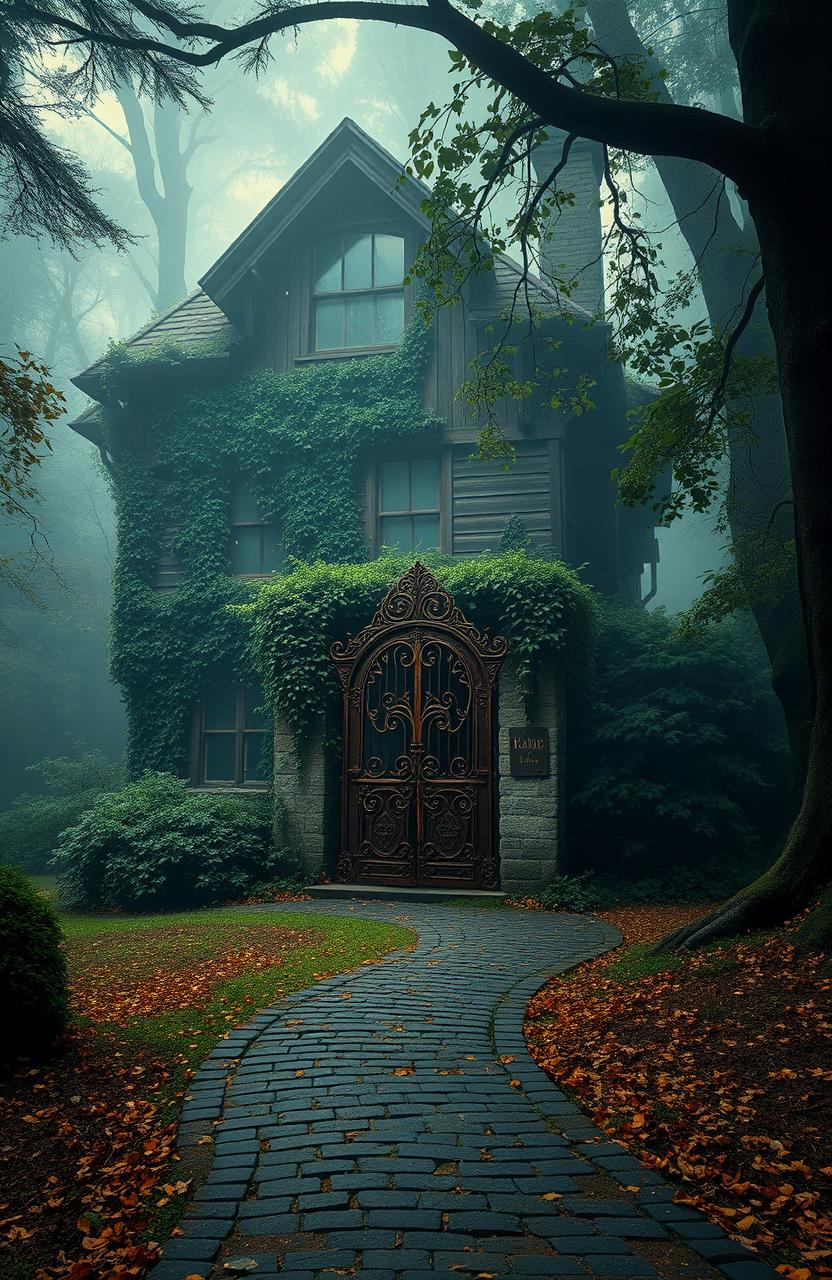 A mysterious old house hidden in a lush forest, shrouded in mist, with overgrown ivy crawling up the weathered wooden walls