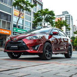 A modified second-generation Toyota Vios featuring an elevated ground clearance of 205 mm, showcasing its sporty and rugged design