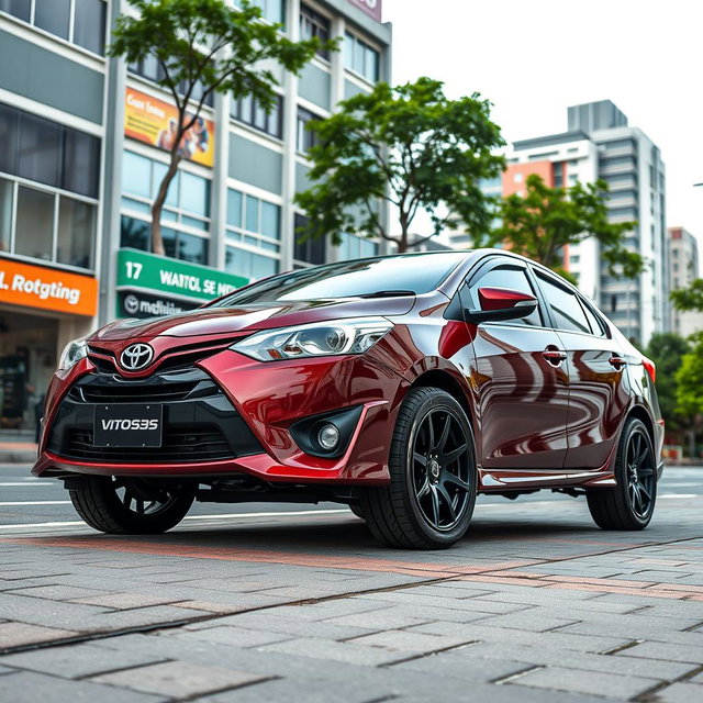 A modified second-generation Toyota Vios featuring an elevated ground clearance of 205 mm, showcasing its sporty and rugged design