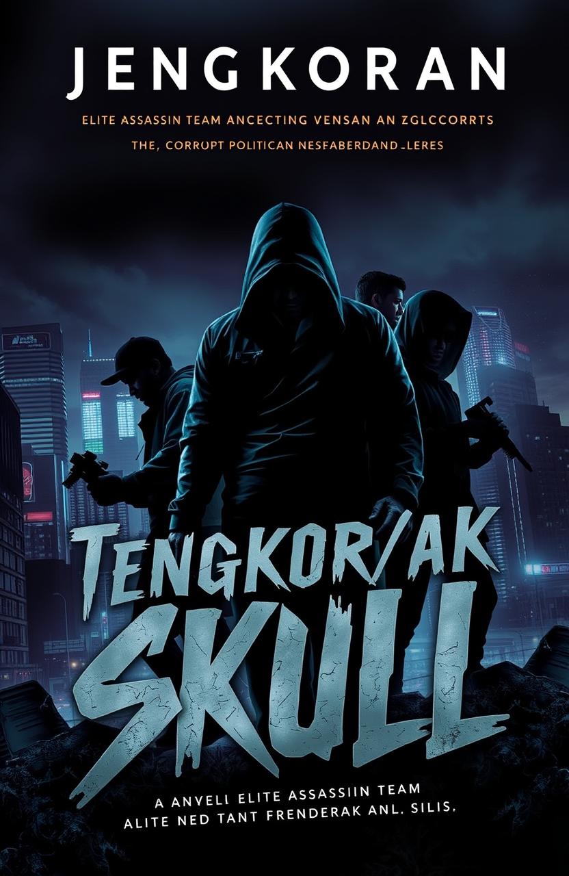 A thrilling novel cover for 'Tengkorak/Skull', featuring a dynamic and intense portrayal of an elite assassin team actively targeting corrupt politicians and nefarious clerics