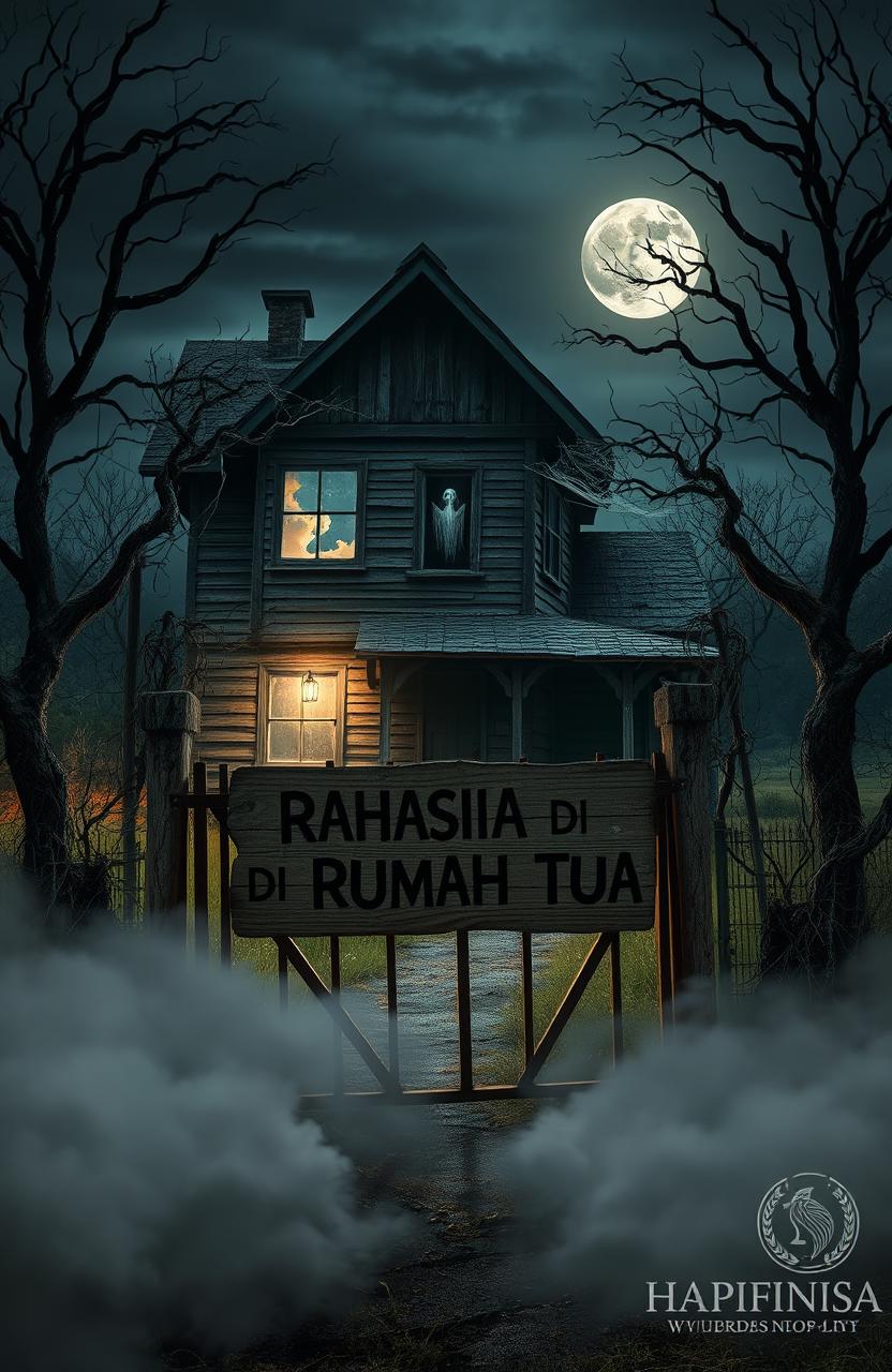 A spooky haunted house set in a desolate landscape, with weathered wooden boards and broken windows
