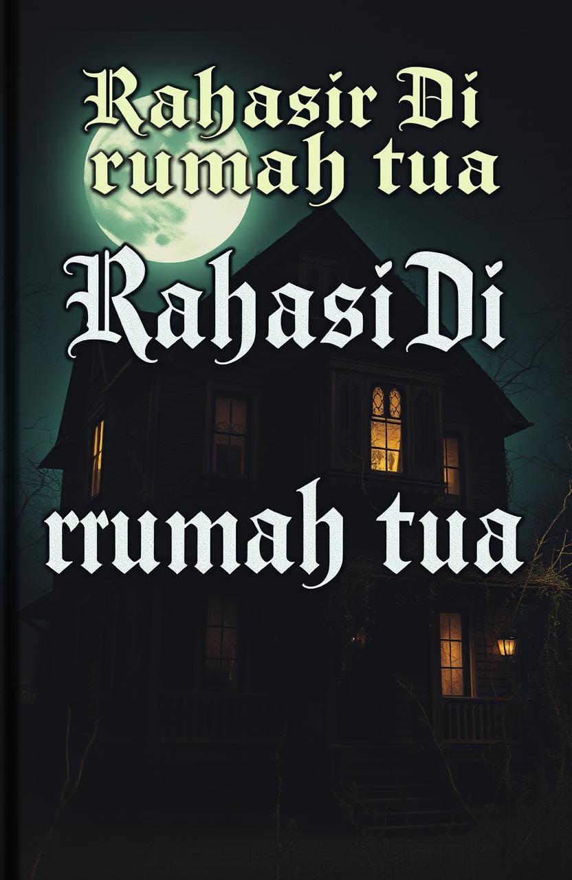 A spooky haunted house at night, with eerie shadows and flickering lights
