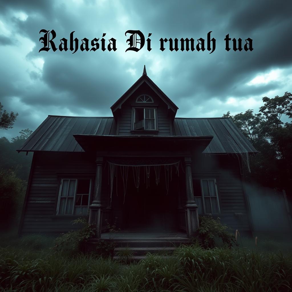 A dark and eerie haunted house, shrouded in mist and shadow, with an old, creaky facade