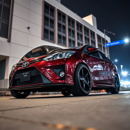 A modified second-generation Toyota Vios featuring a striking ground clearance of 205 mm, designed for both performance and style