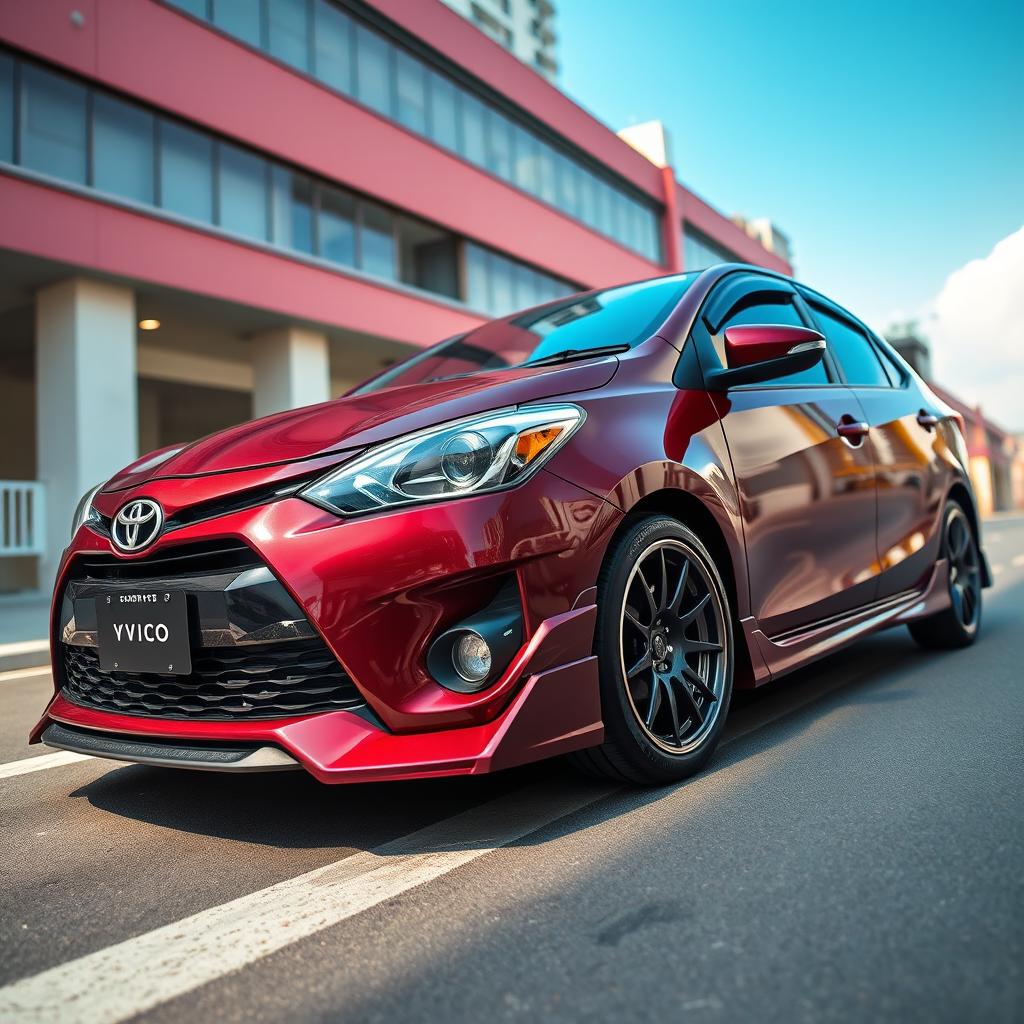 A modified second-generation Toyota Vios featuring a striking ground clearance of 205 mm, designed for both performance and style