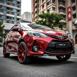 A modified second-generation Toyota Vios featuring a striking ground clearance of 205 mm, designed for both performance and style