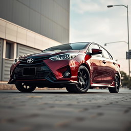 A modified second-generation Toyota Vios featuring a striking ground clearance of 205 mm, emphasizing its sporty and elevated design