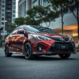 A modified second-generation Toyota Vios featuring a striking ground clearance of 205 mm, emphasizing its sporty and elevated design